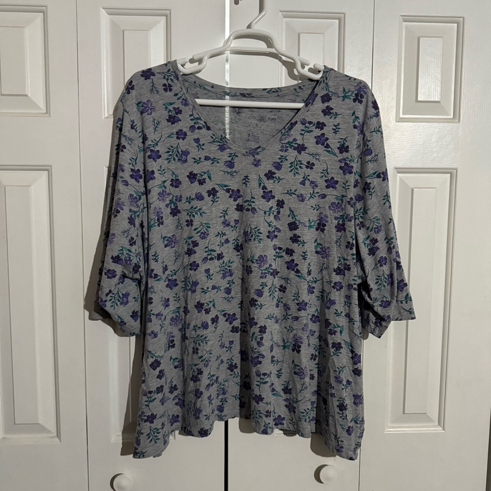 Woman Within Floral V-Neck Top - Gray and Purple